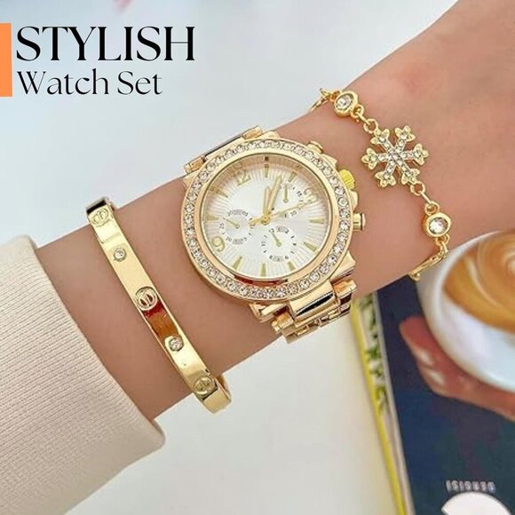 Women's Watch with Gold Bracelet Set, Gold Watches for Women, Gold Bracelets for - Picture 3 of 6